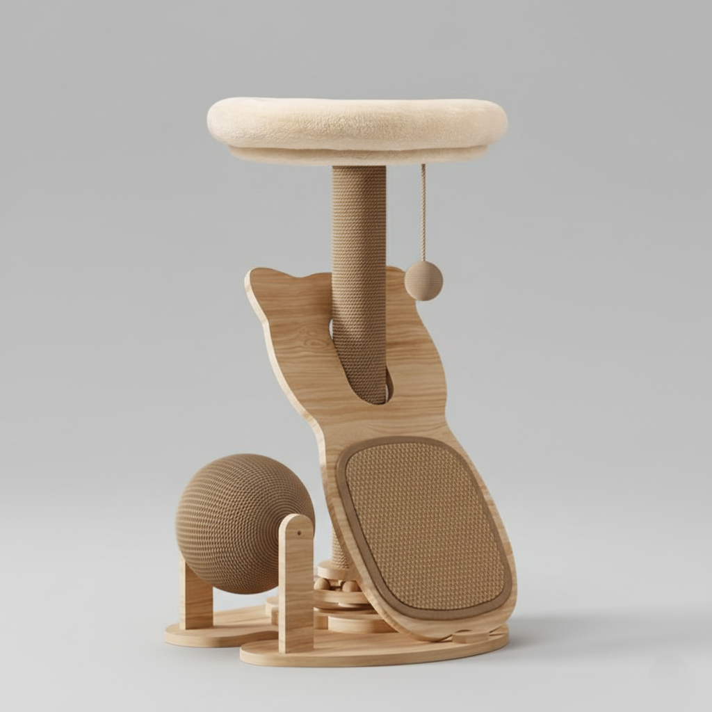 PawLabs™ PureWood Cat Tree עץ חתולים מודרני 3-ב-1 מעץ מלא וסיסל טבעי – גירוד, רביצה ומשחק