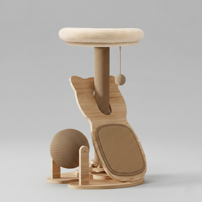 PawLabs™ PureWood Cat Tree עץ חתולים מודרני 3-ב-1 מעץ מלא וסיסל טבעי – גירוד, רביצה ומשחק