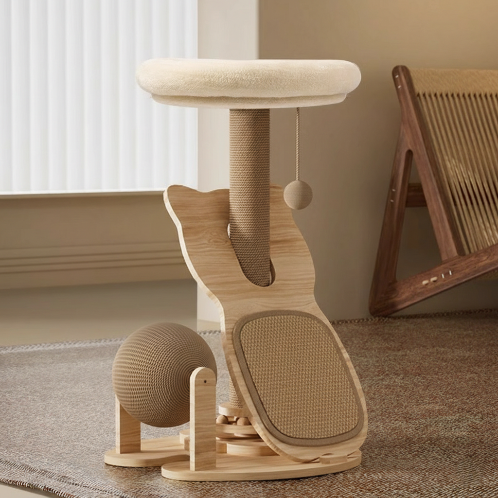 PawLabs™ PureWood Cat Tree עץ חתולים מודרני 3-ב-1 מעץ מלא וסיסל טבעי – גירוד, רביצה ומשחק