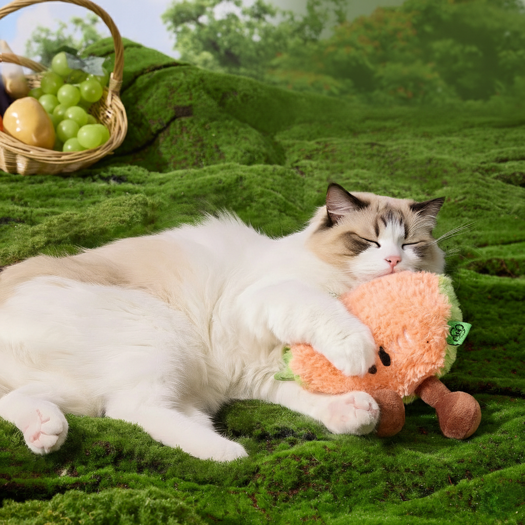 PawLabs™ FruityCrunch Plush Toy צעצוע פרווה אינטראקטיבי מסדרת הפירות – צפצפה ונייר מרשרש לגירוי חושי