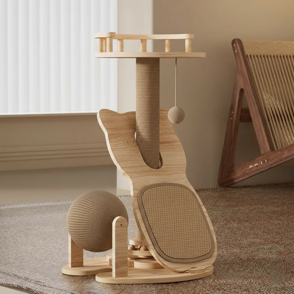 PawLabs™ PureWood Cat Tree עץ חתולים מודרני 3-ב-1 מעץ מלא וסיסל טבעי – גירוד, רביצה ומשחק