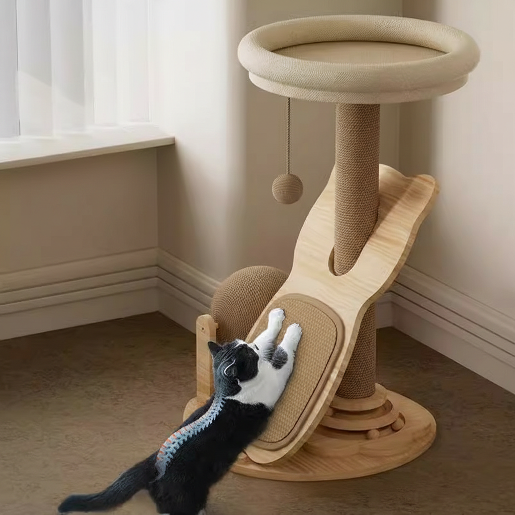 PawLabs™ PureWood Cat Tree עץ חתולים מודרני 3-ב-1 מעץ מלא וסיסל טבעי – גירוד, רביצה ומשחק