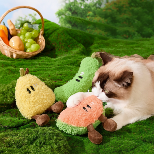 PawLabs™ FruityCrunch Plush Toy צעצוע פרווה אינטראקטיבי מסדרת הפירות – צפצפה ונייר מרשרש לגירוי חושי