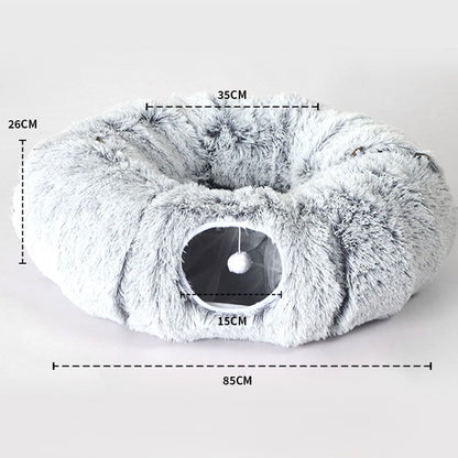 PawLabs™ DonutNest Tunnel Bed מיטת מנהרה מתקפלת 2-ב-1 לחתולים – משחק, מסתור ושינה חמה