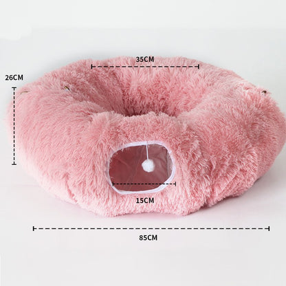 PawLabs™ DonutNest Tunnel Bed מיטת מנהרה מתקפלת 2-ב-1 לחתולים – משחק, מסתור ושינה חמה